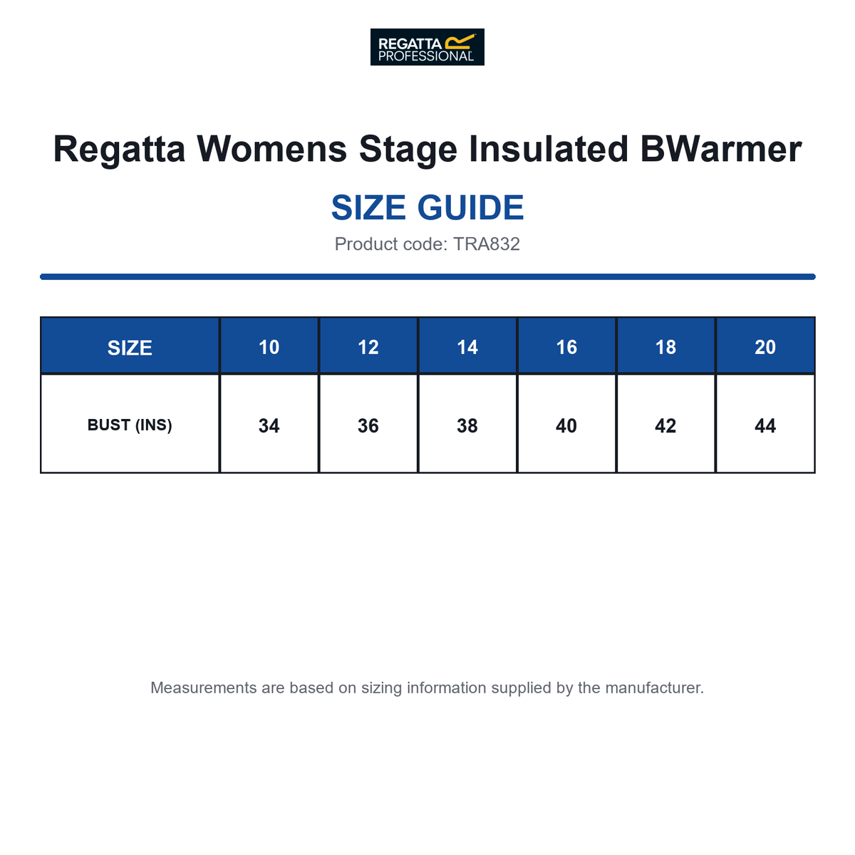 TRA832 Regatta Womens Stage Insulated BWarmer size guide (TRA832)