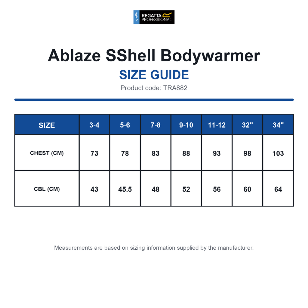 TRA882 Regatta Junior Ablaze SShell Bodywarmer size guide (TRA882)