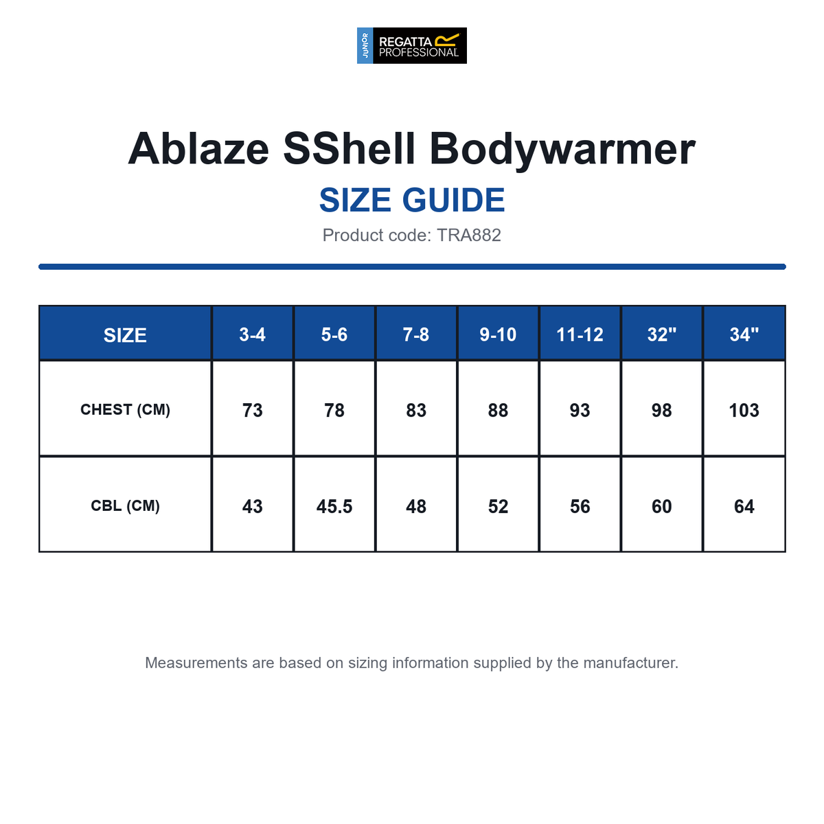 TRA882 Regatta Junior Ablaze SShell Bodywarmer size guide (TRA882)
