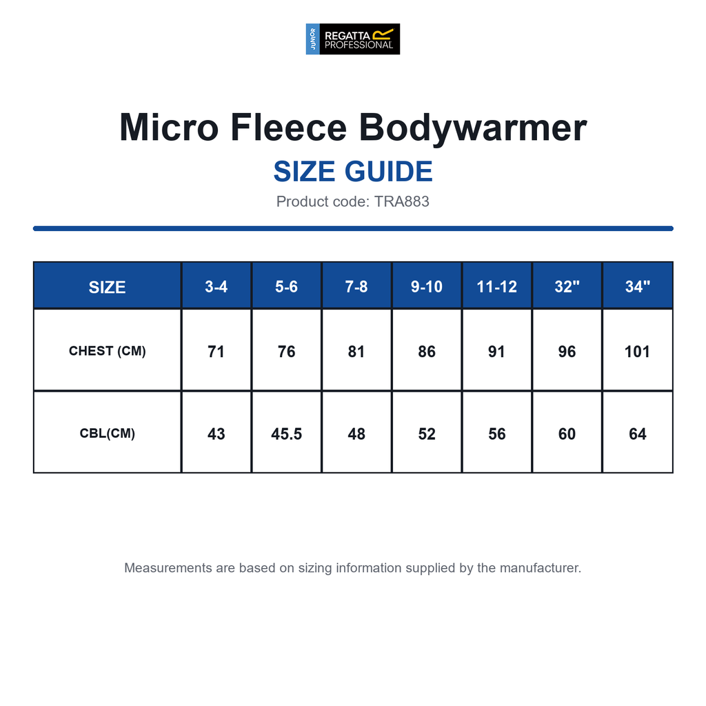 TRA883 Regatta Junior Micro Fleece Bodywarmer size guide (TRA883)