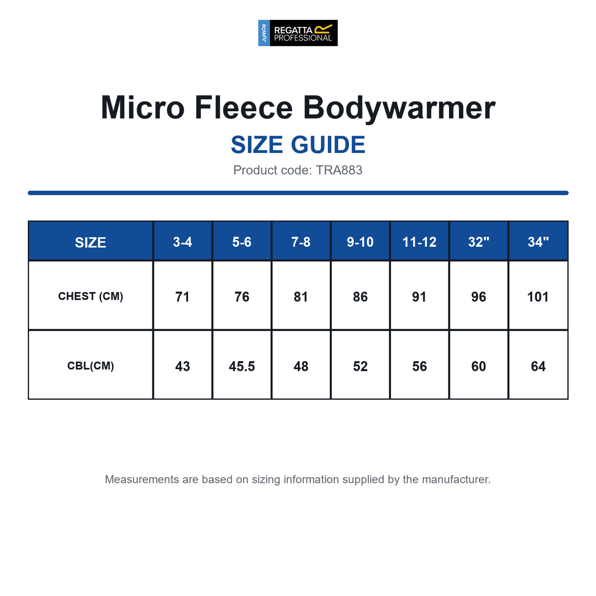 TRA883 Regatta Junior Micro Fleece Bodywarmer size guide (TRA883)