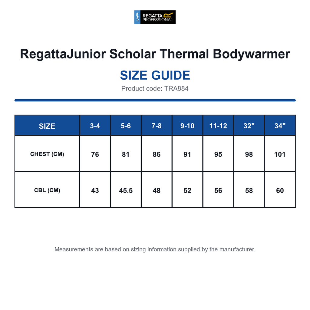 TRA884 RegattaJunior Scholar Thermal Bodywarmer size guide (TRA884)