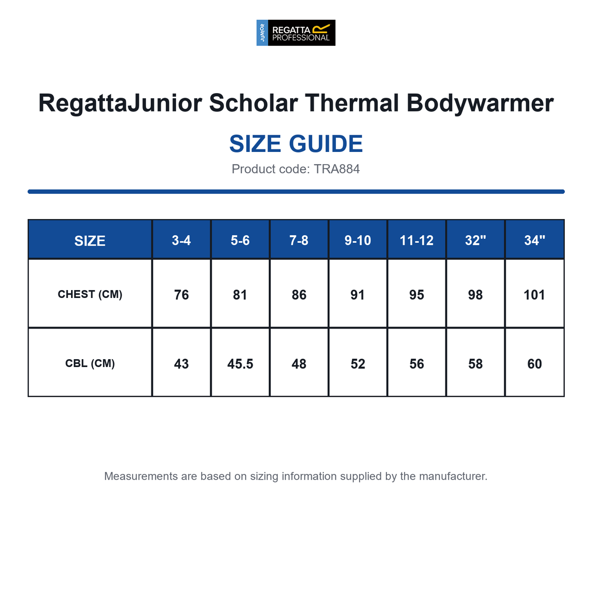 TRA884 RegattaJunior Scholar Thermal Bodywarmer size guide (TRA884)