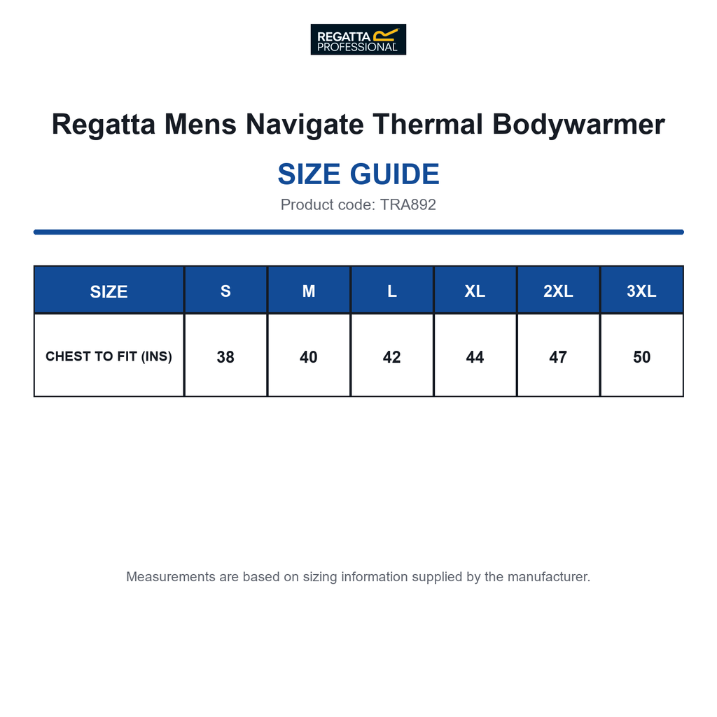TRA892 Regatta Mens Navigate Thermal Bodywarmer size guide (TRA892)