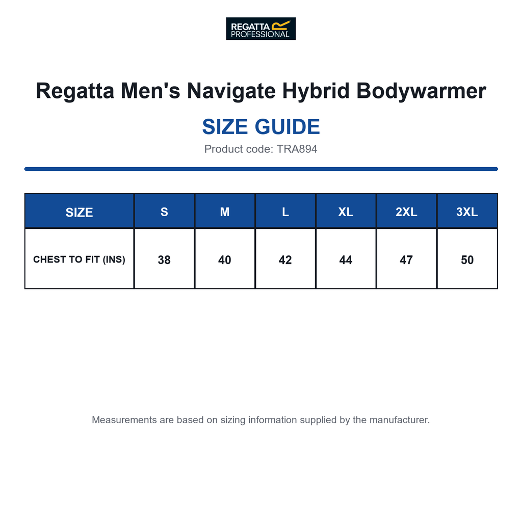 TRA894 Regatta Men's Navigate Hybrid Bodywarmer size guide (TRA894)
