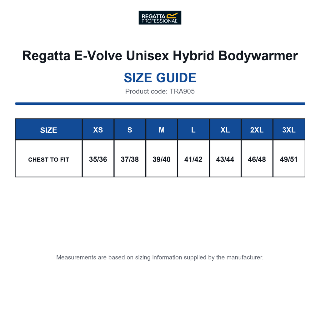TRA905 Regatta E-Volve Unisex Hybrid Bodywarmer size guide (TRA905)