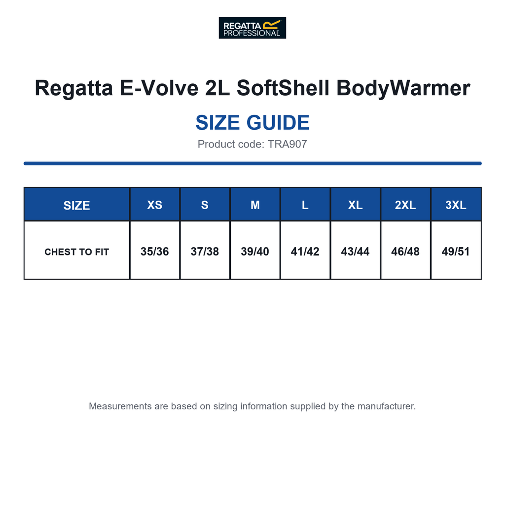 TRA907 Regatta E-Volve 2L SoftShell BodyWarmer size guide (TRA907)