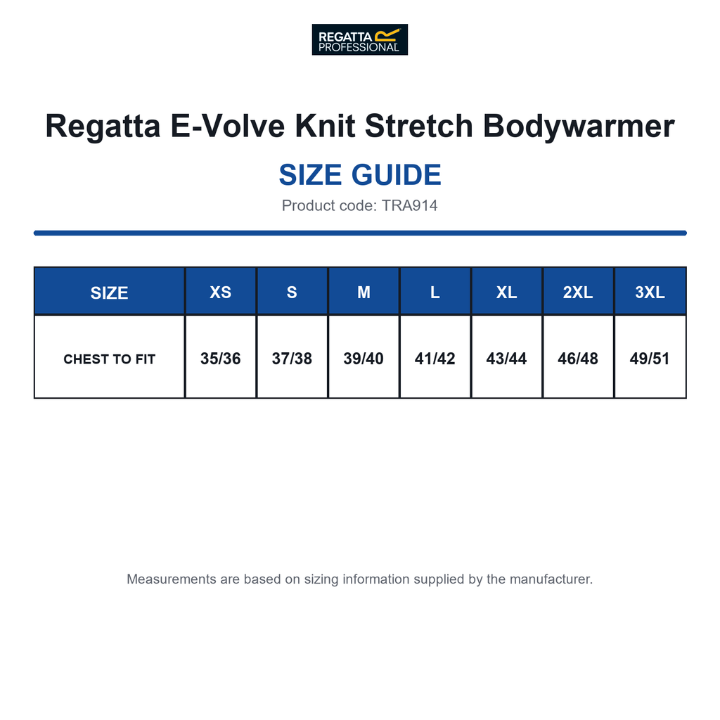 TRA914 Regatta E-Volve Knit Stretch Bodywarmer size guide (TRA914)