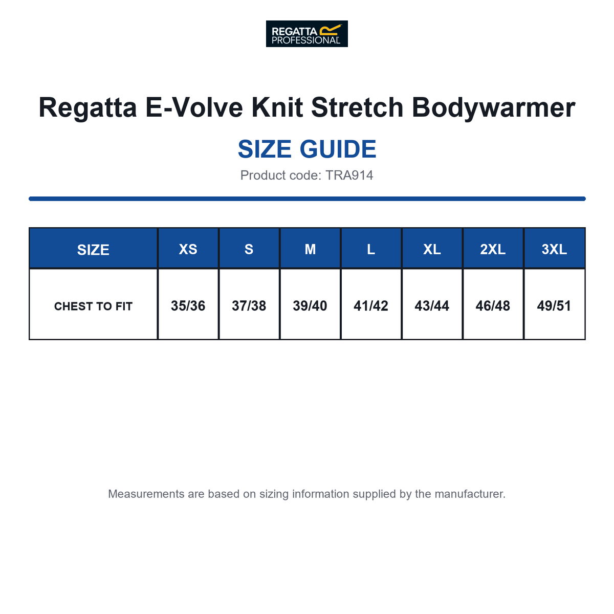 TRA914 Regatta E-Volve Knit Stretch Bodywarmer size guide (TRA914)