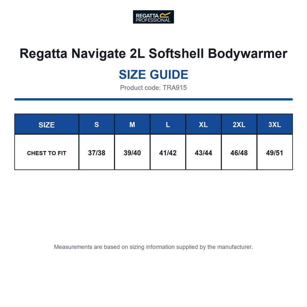 TRA915 Regatta Navigate 2L Softshell Bodywarmer size guide (TRA915)