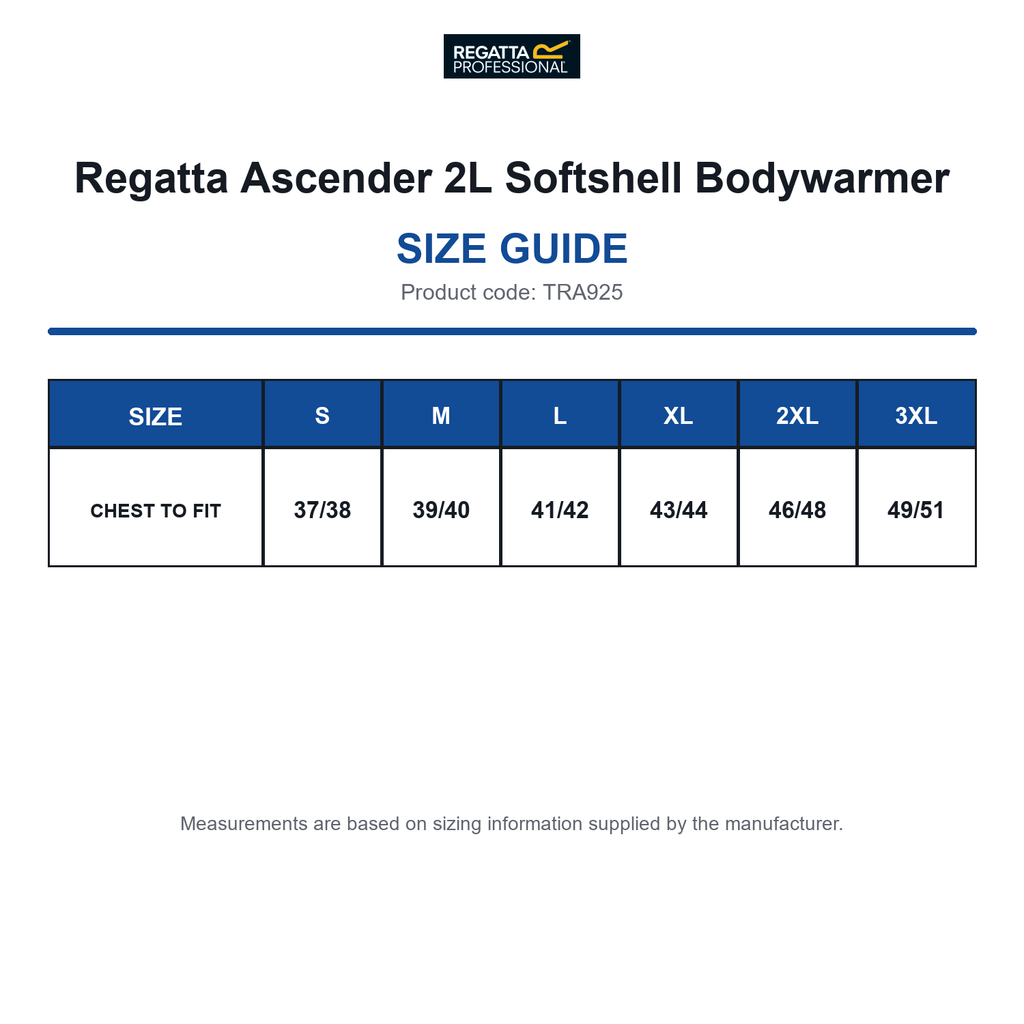 TRA925 Regatta Ascender 2L Softshell Bodywarmer size guide (TRA925)
