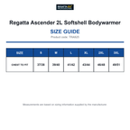 TRA925 Regatta Ascender 2L Softshell Bodywarmer size guide (TRA925)