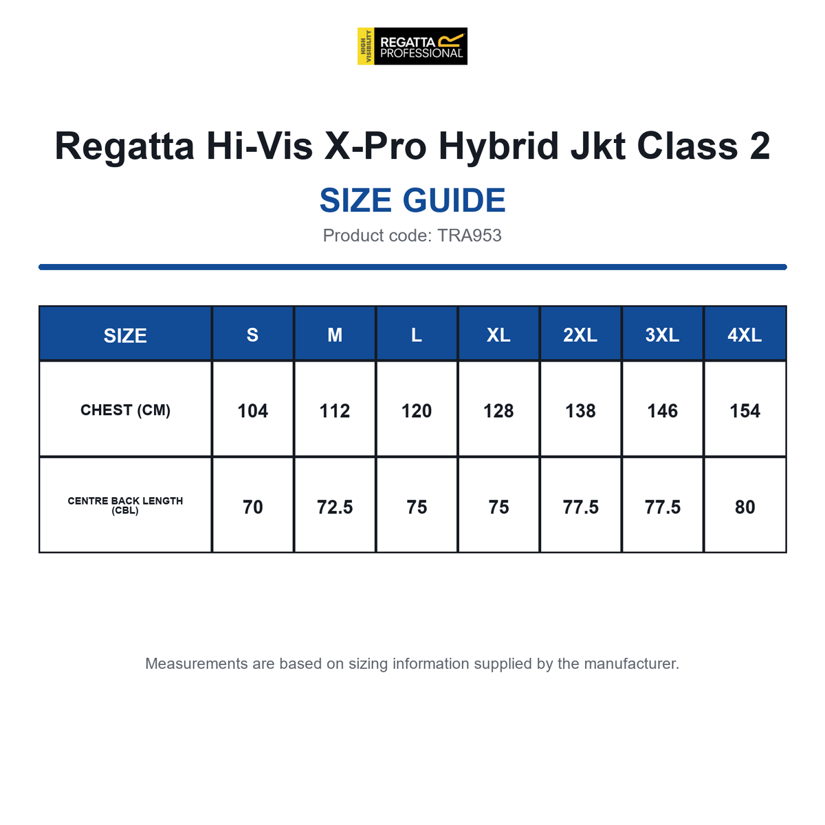 TRA953 Regatta Hi-Vis X-Pro Hybrid Jkt Class 2 size guide (TRA953)