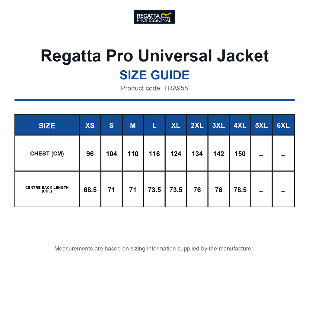 TRA958 Regatta Pro Universal Jacket size guide (TRA958)