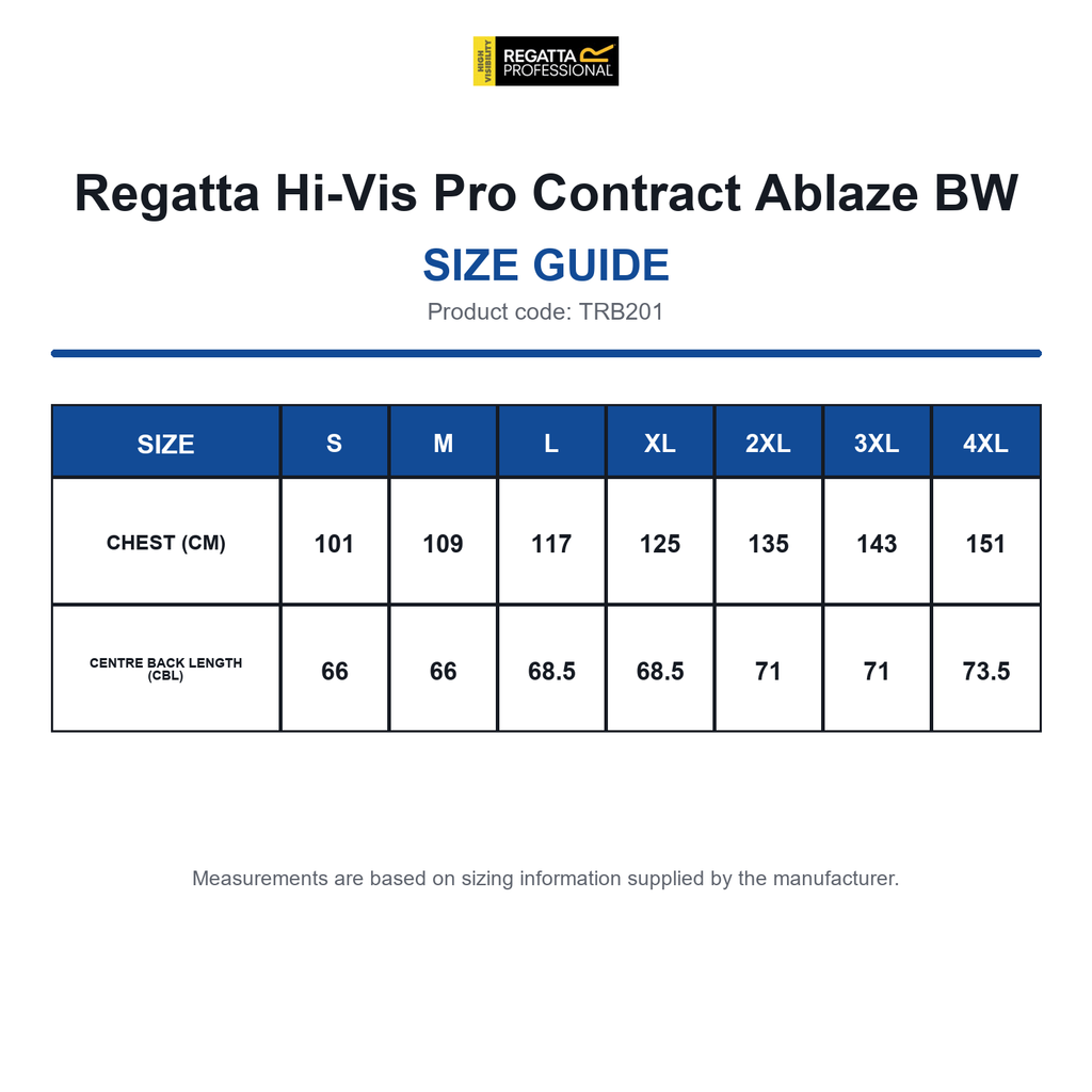 TRB201 Regatta Hi-Vis Pro Contract Ablaze BW size guide (TRB201)