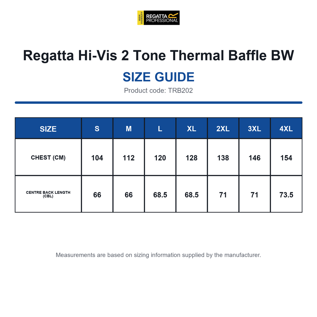 TRB202 Regatta Hi-Vis 2 Tone Thermal Baffle BW size guide (TRB202)