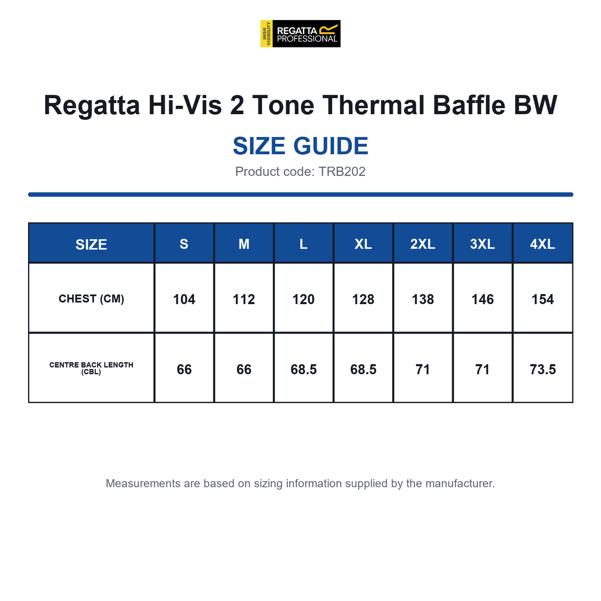 TRB202 Regatta Hi-Vis 2 Tone Thermal Baffle BW size guide (TRB202)