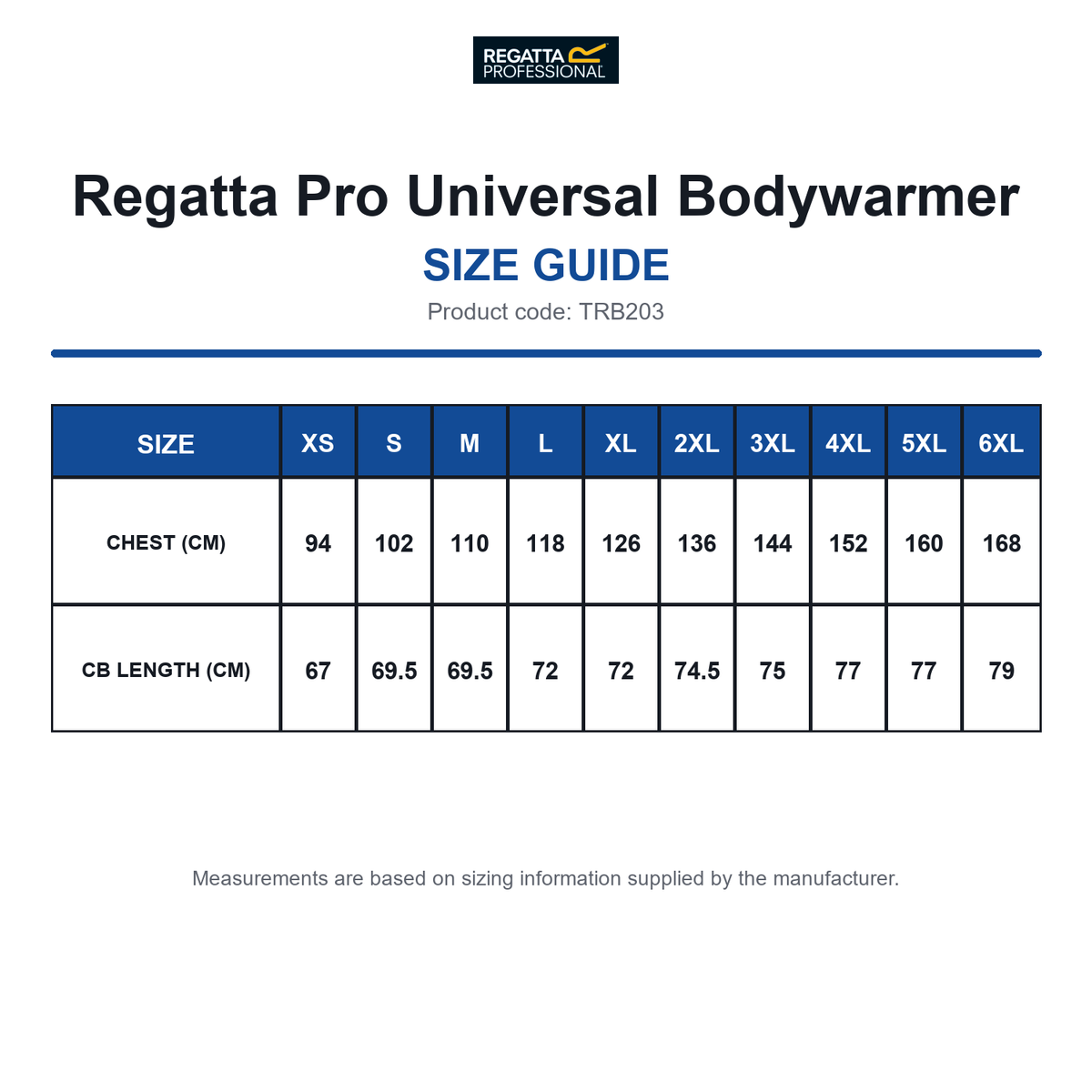 TRB203 Regatta Pro Universal Bodywarmer size guide (TRB203)