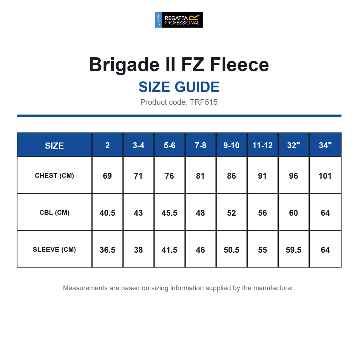 TRF515 Regatta Junior Brigade II FZ Fleece size guide (TRF515)