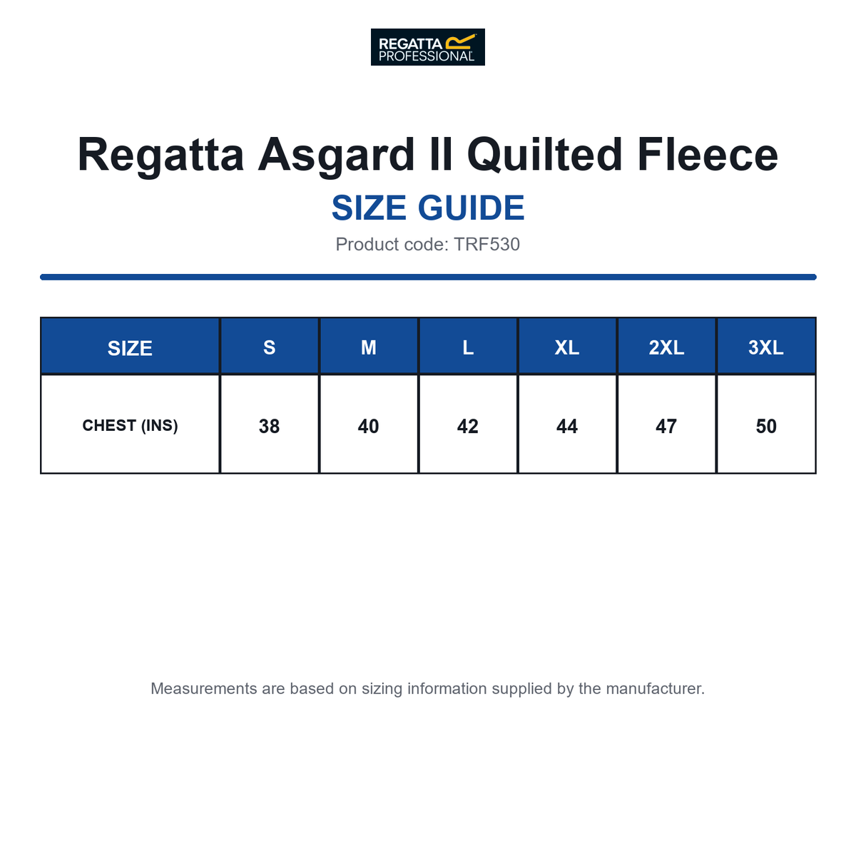 TRF530 Regatta Asgard II Quilted Fleece size guide (TRF530)