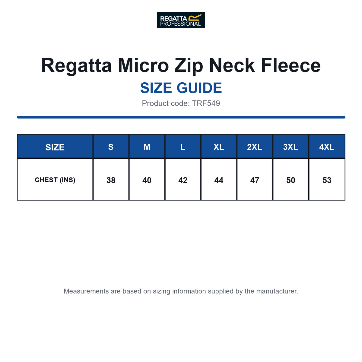 TRF549 Regatta Micro Zip Neck Fleece size guide (TRF549)