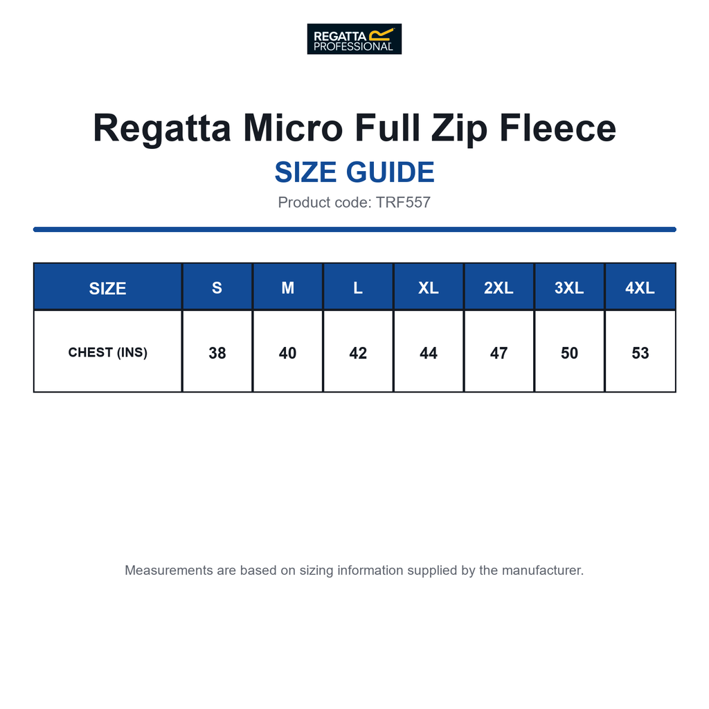 TRF557 Regatta Micro Full Zip Fleece size guide (TRF557)