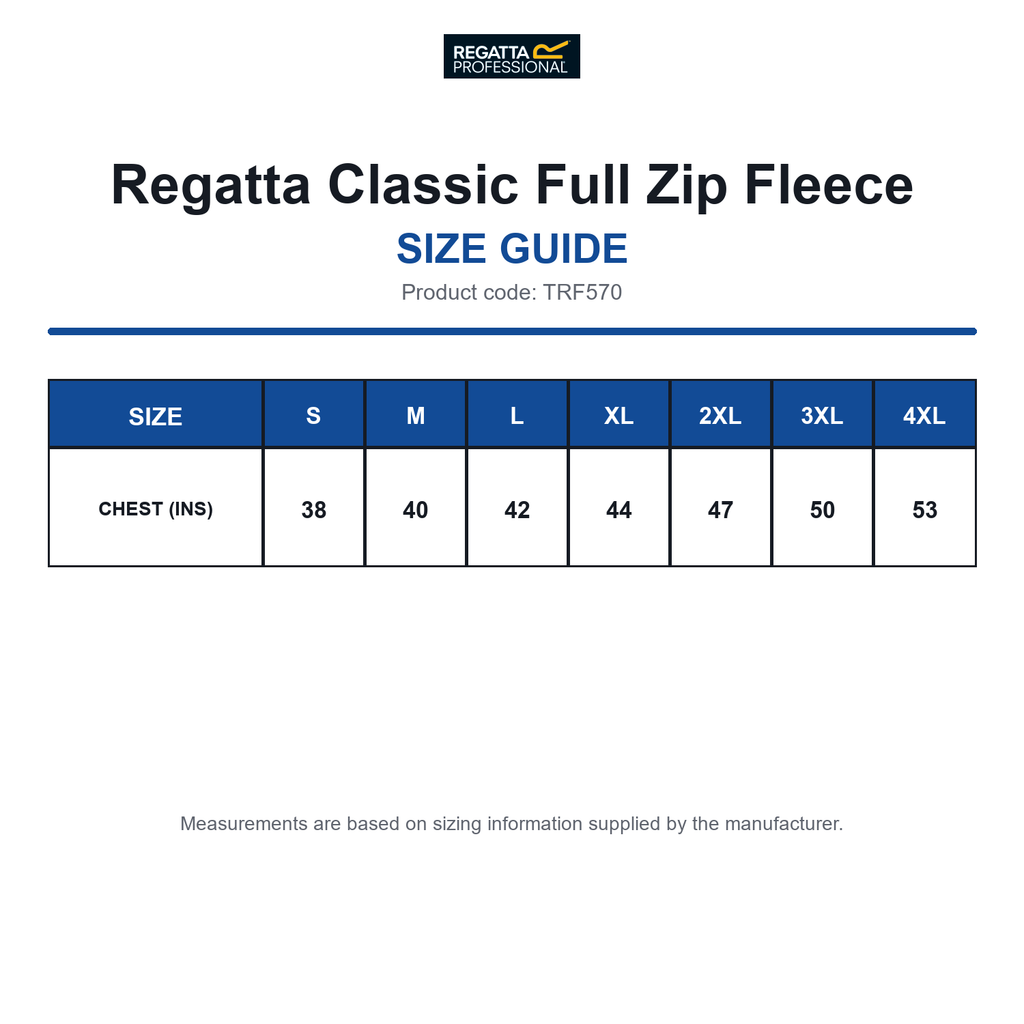 TRF570 Regatta Classic Full Zip Fleece size guide (TRF570)