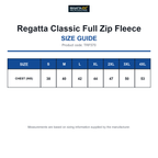 TRF570 Regatta Classic Full Zip Fleece size guide (TRF570)