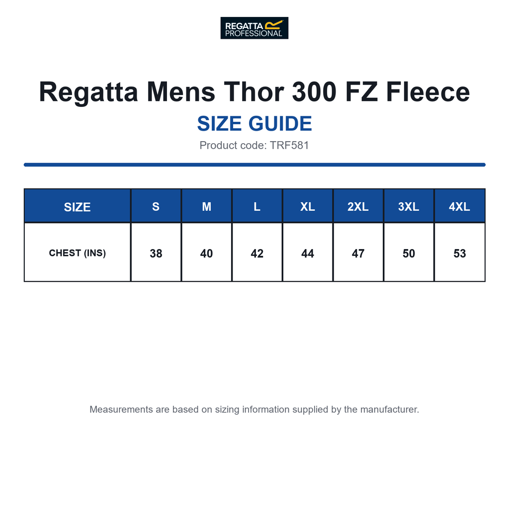 TRF581 Regatta Mens Thor 300 FZ Fleece size guide (TRF581)