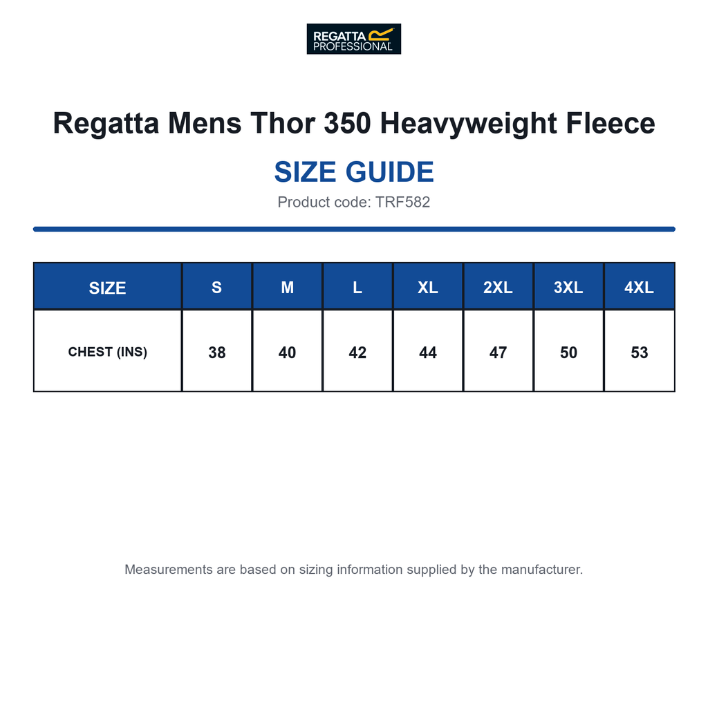 TRF582 Regatta Mens Thor 350 Heavyweight Fleece size guide (TRF582)
