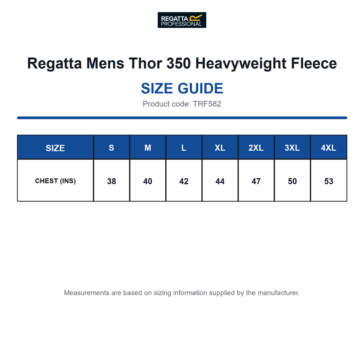 TRF582 Regatta Mens Thor 350 Heavyweight Fleece size guide (TRF582)