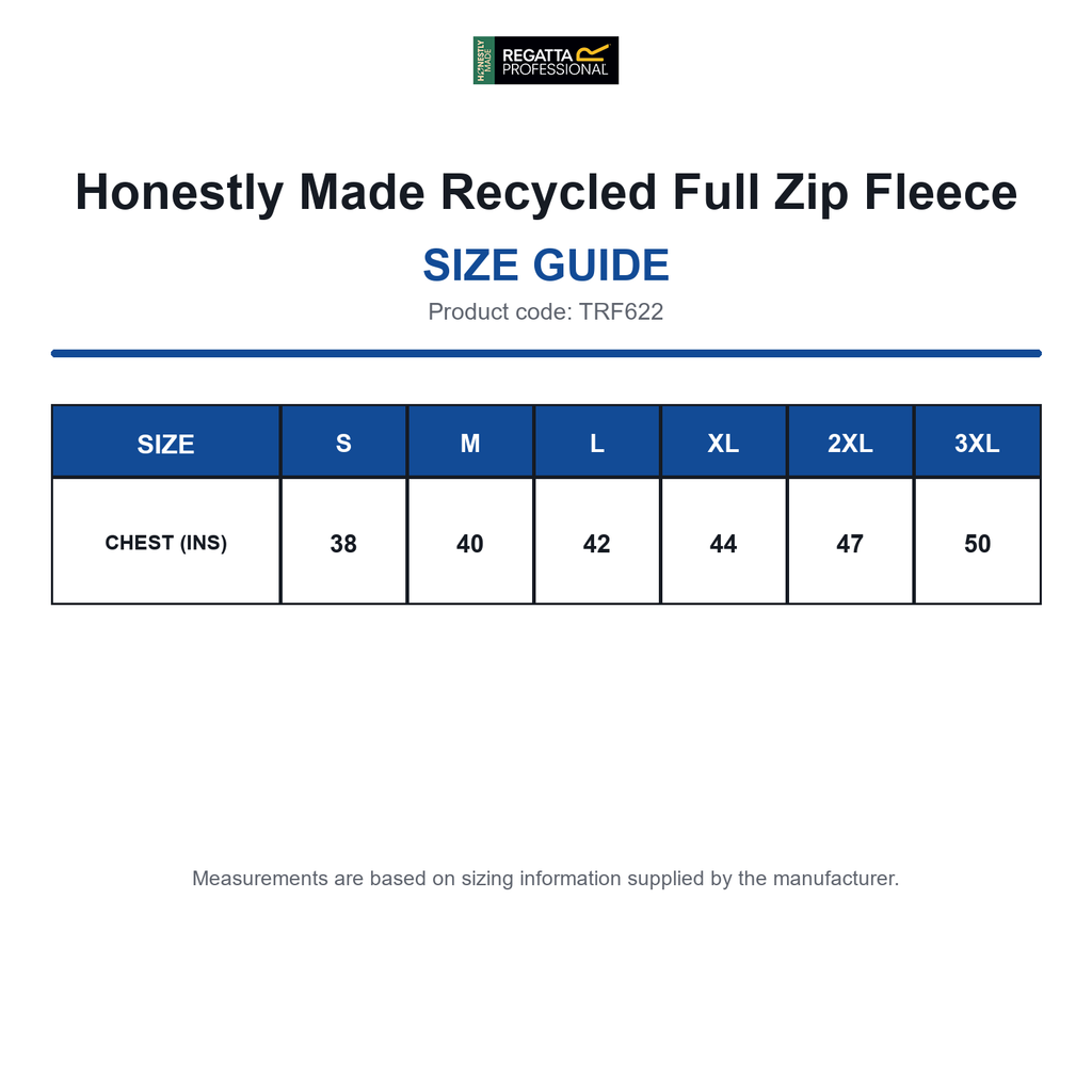 TRF622 Honestly Made Recycled Full Zip Fleece size guide (TRF622)