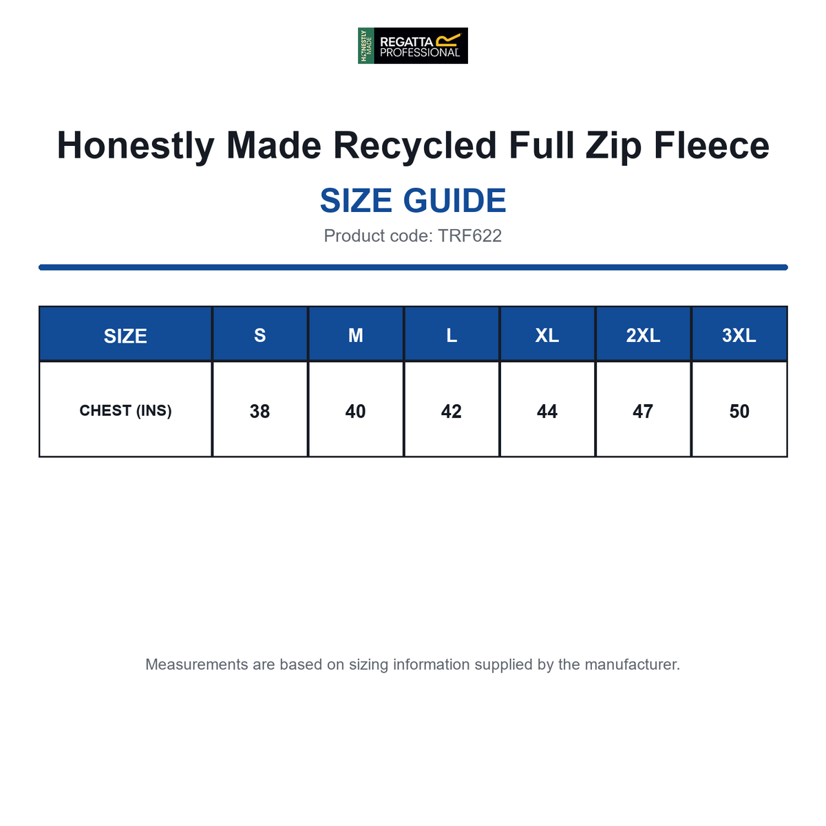 TRF622 Honestly Made Recycled Full Zip Fleece size guide (TRF622)