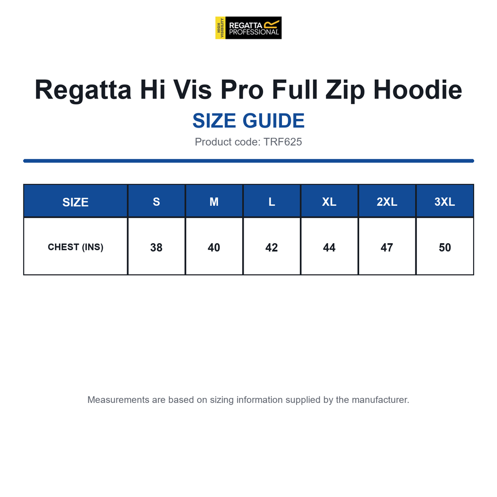 TRF625 Regatta Hi Vis Pro Full Zip Hoodie size guide (TRF625)