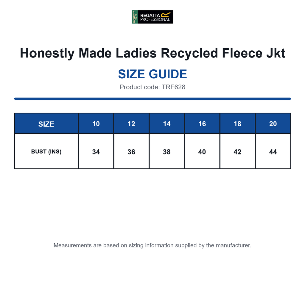 TRF628 Honestly Made Ladies Recycled Fleece Jkt size guide (TRF628)