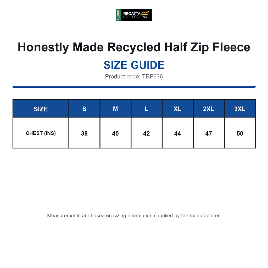 TRF636 Honestly Made Recycled Half Zip Fleece size guide (TRF636)