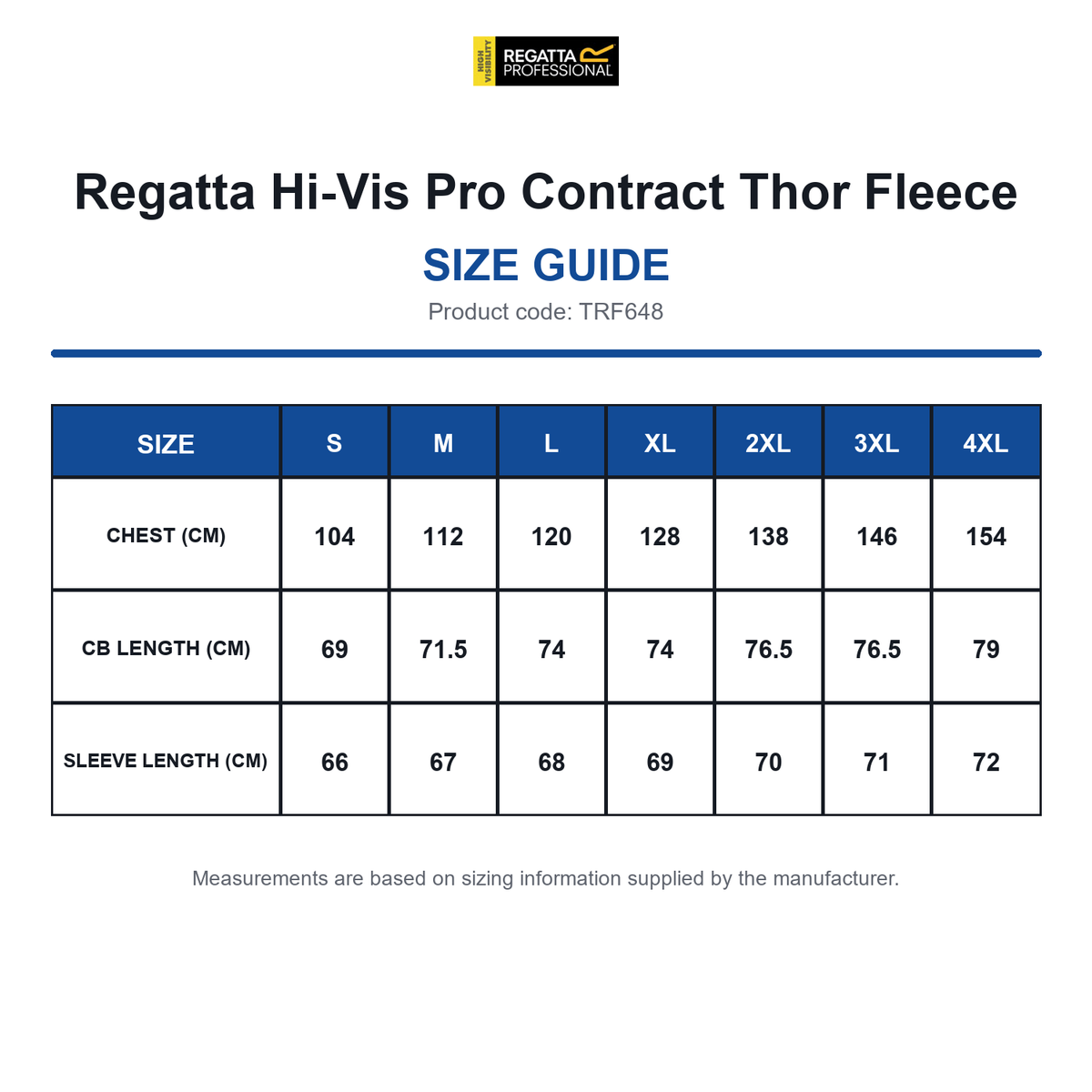 TRF648 Regatta Hi-Vis Pro Contract Thor Fleece size guide (TRF648)