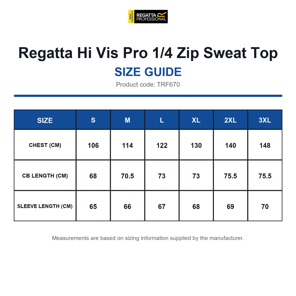TRF670 Regatta Hi Vis Pro 1/4 Zip Sweat Top size guide (TRF670)