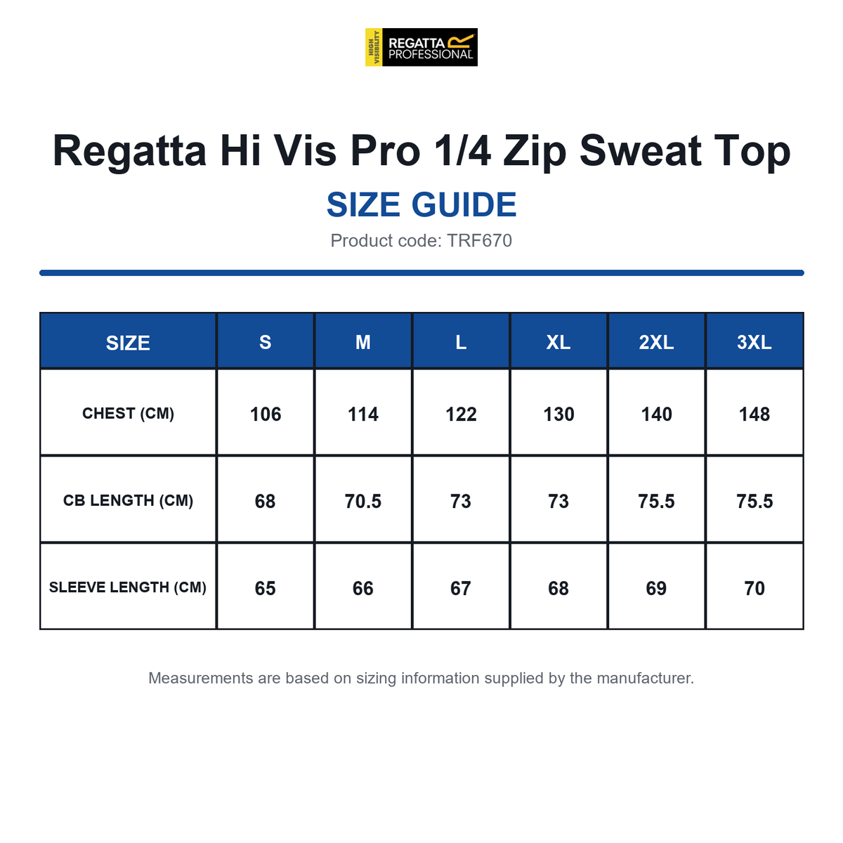 TRF670 Regatta Hi Vis Pro 1/4 Zip Sweat Top size guide (TRF670)