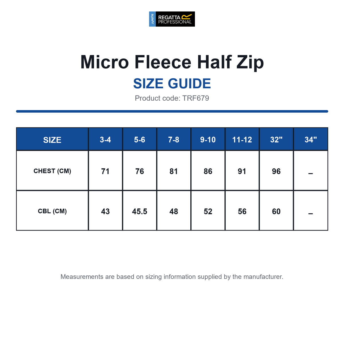 TRF679 Regatta Junior Micro Fleece Half Zip size guide (TRF679)