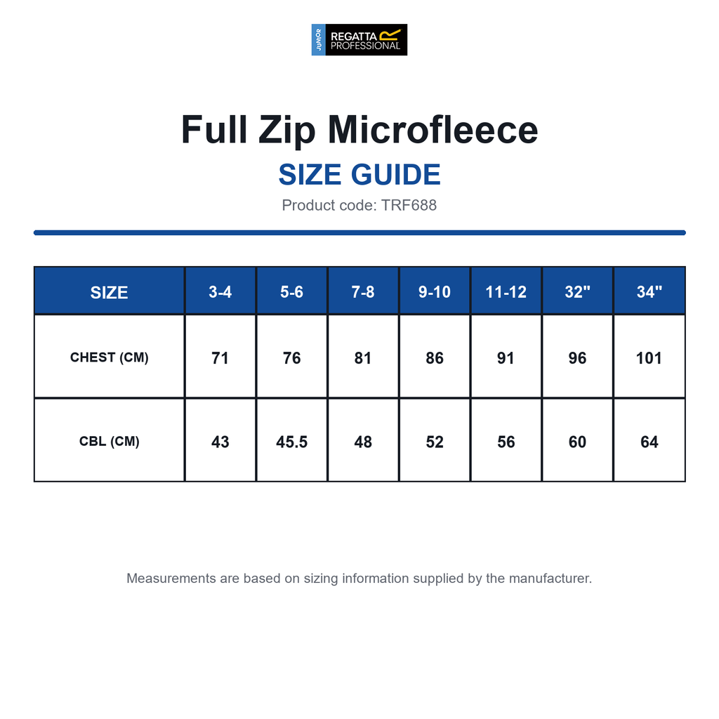 TRF688 Regatta Junior Full Zip Microfleece size guide (TRF688)