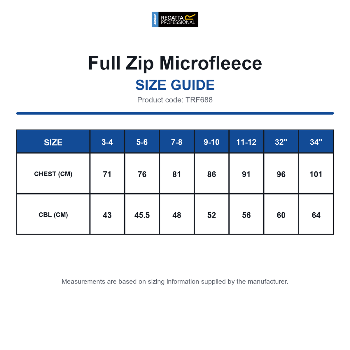 TRF688 Regatta Junior Full Zip Microfleece size guide (TRF688)
