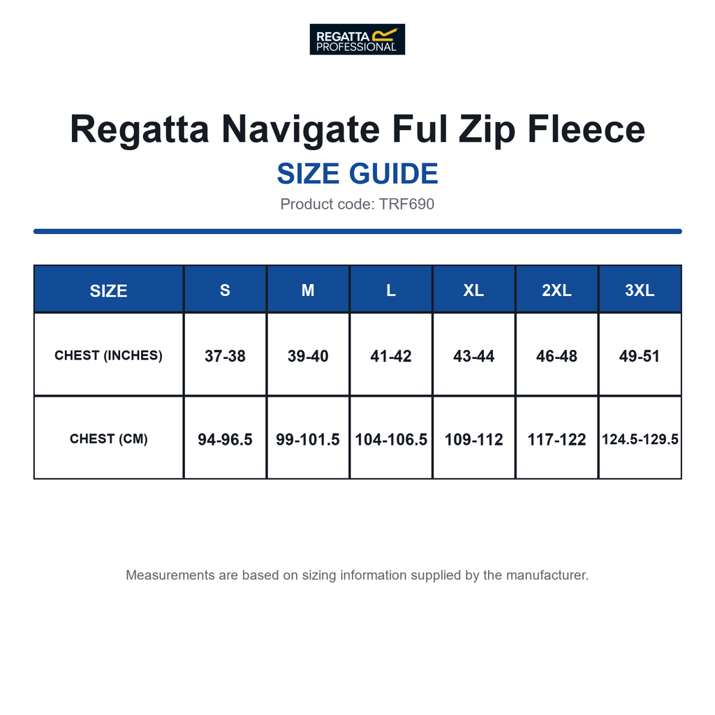 TRF690 Regatta Navigate Ful Zip Fleece size guide (TRF690)