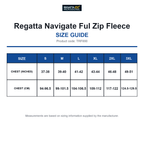TRF690 Regatta Navigate Ful Zip Fleece size guide (TRF690)