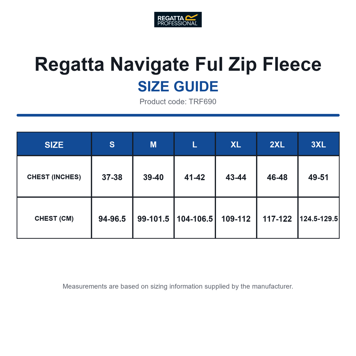 TRF690 Regatta Navigate Ful Zip Fleece size guide (TRF690)