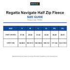 TRF691 Regatta Navigate Half Zip Fleece size guide (TRF691)