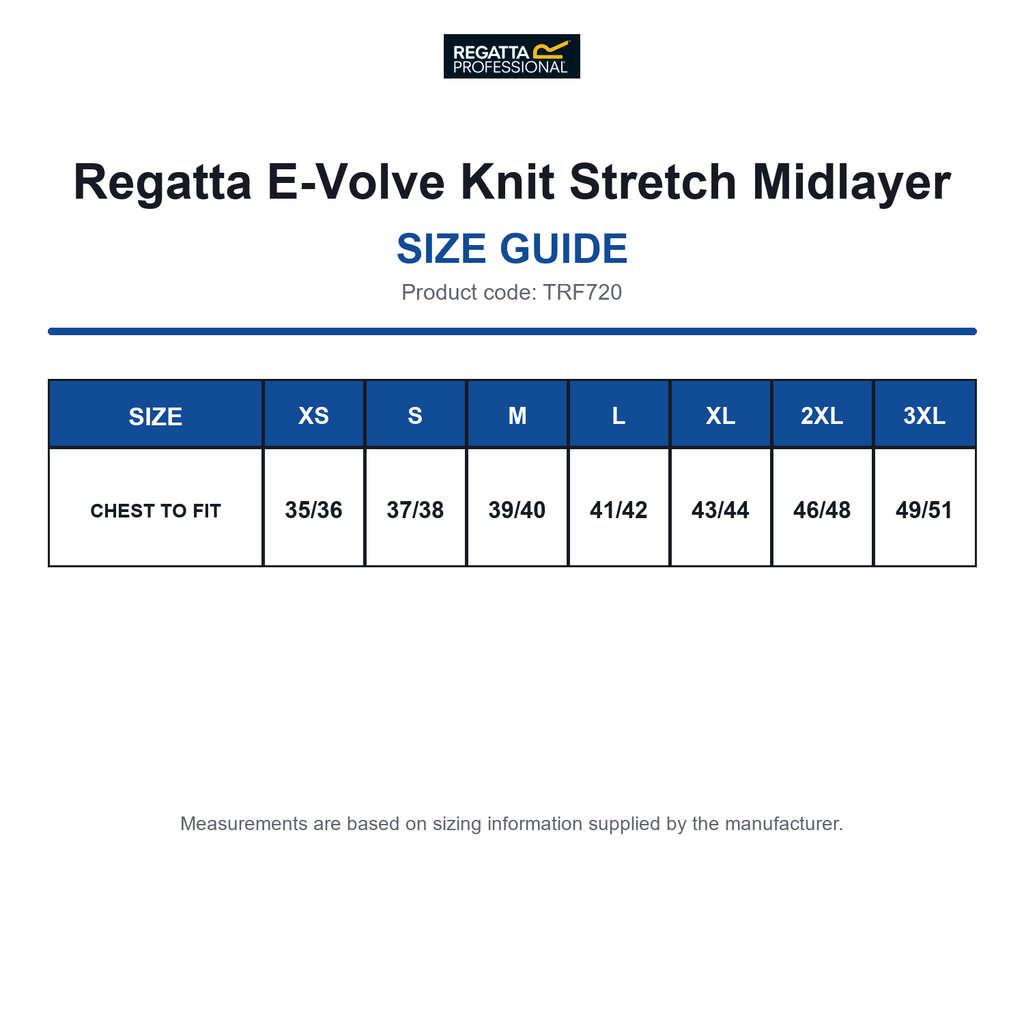 TRF720 Regatta E-Volve Knit Stretch Midlayer size guide (TRF720)