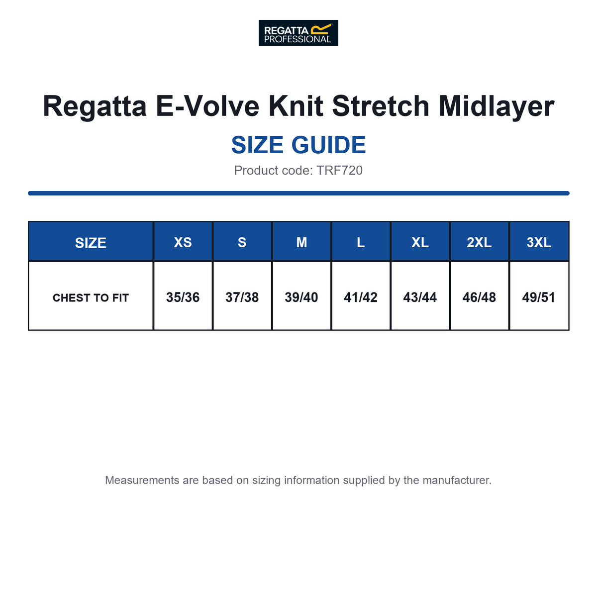 TRF720 Regatta E-Volve Knit Stretch Midlayer size guide (TRF720)