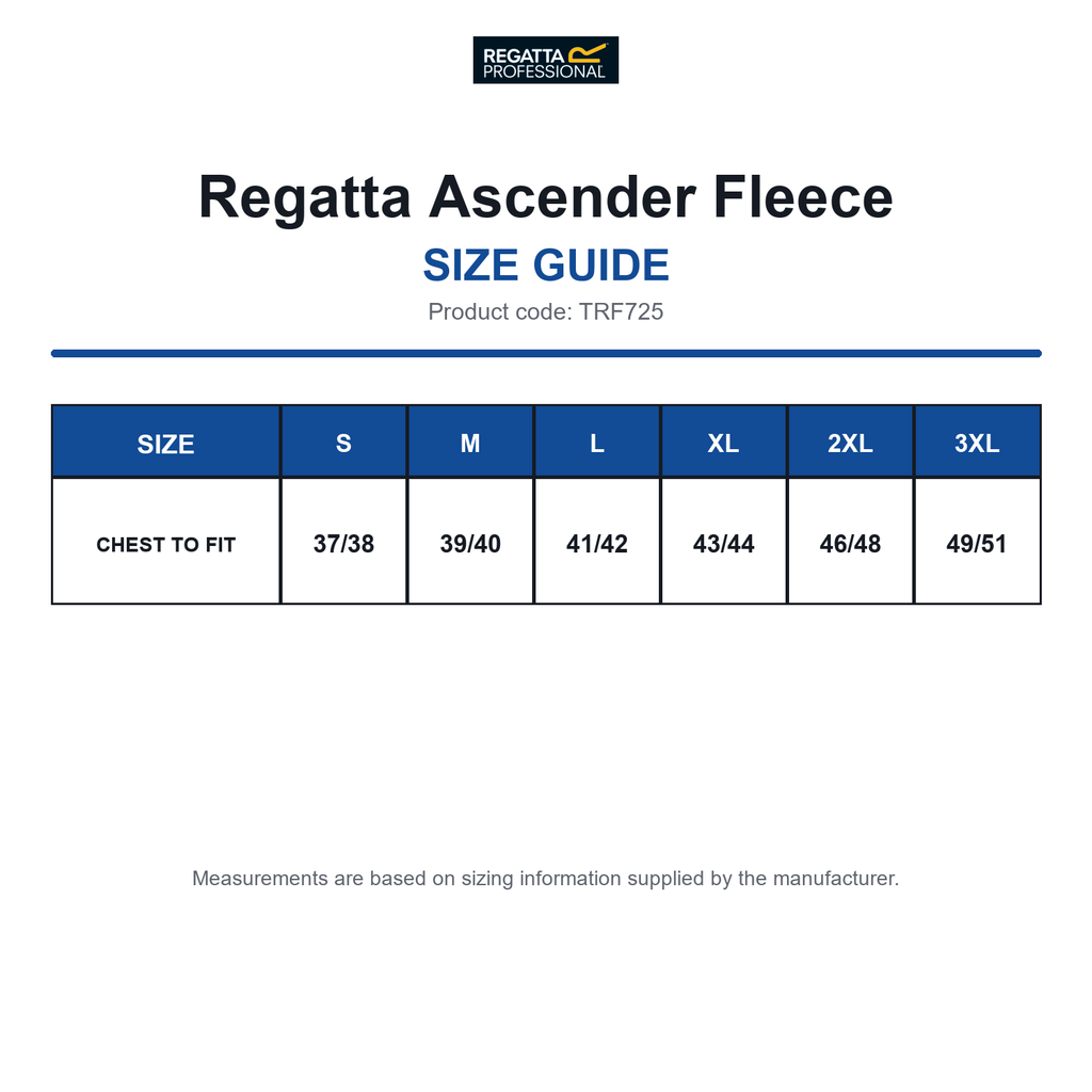 TRF725 Regatta Ascender Fleece size guide (TRF725)