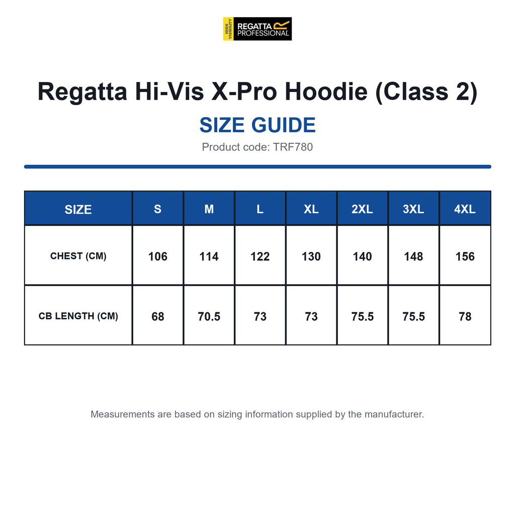TRF780 Regatta Hi-Vis X-Pro Hoodie (Class 2) size guide (TRF780)